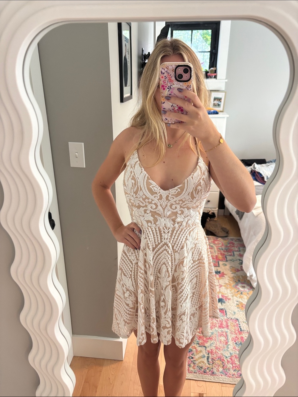 Windsor Lace Fit & Flare Spaghetti Strap Dress in Blush